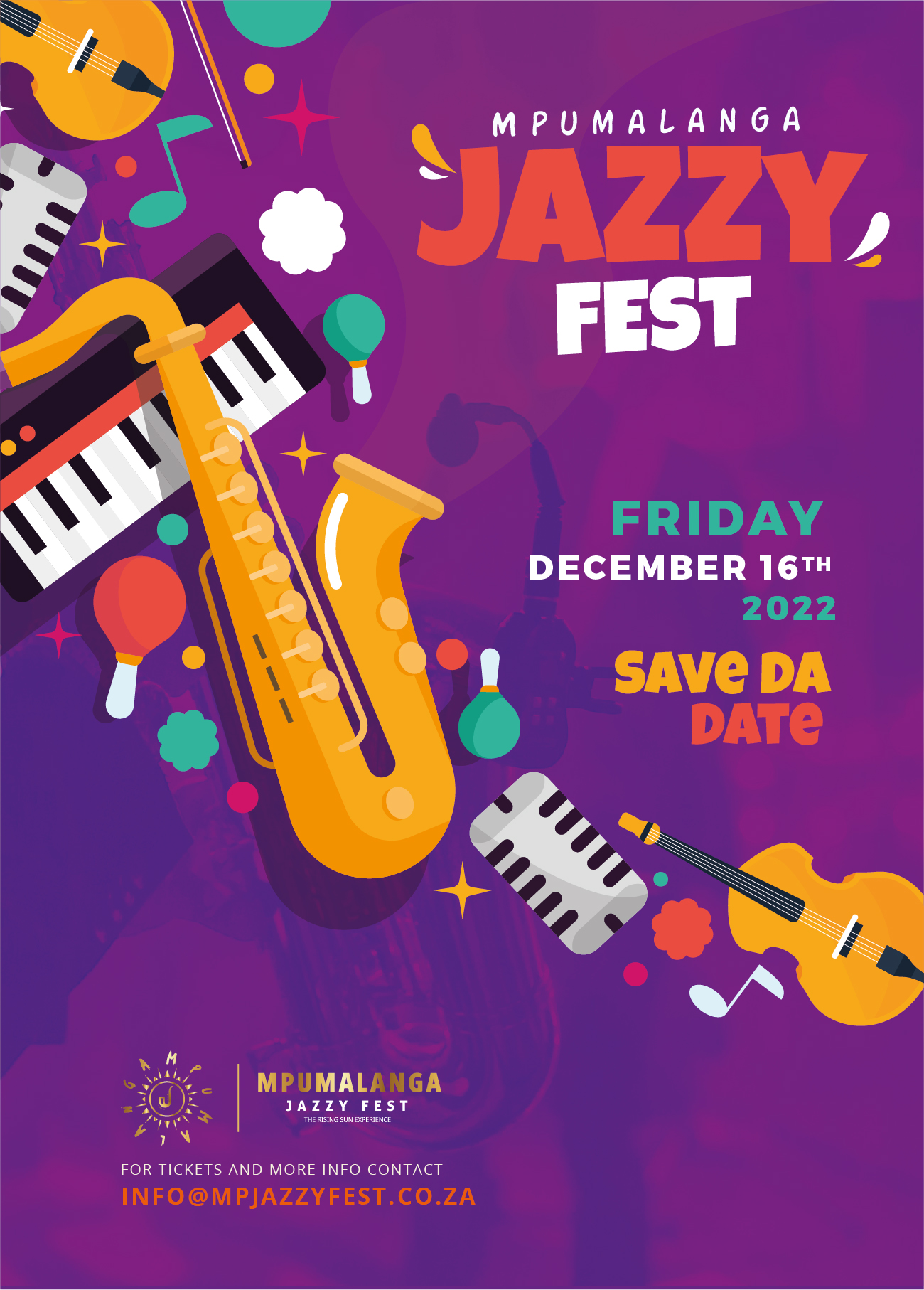 : A colorful illustration with musical instruments like a saxophone, keyboard, and guitar, set against a vibrant background. 